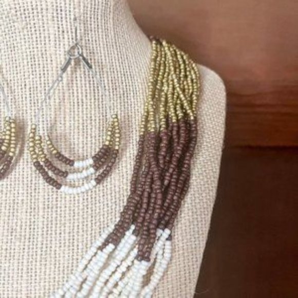 Brown Cream & Gold Multi Strand Seed Beaded Necklace and Earring Set - OS - Picture 3 of 8